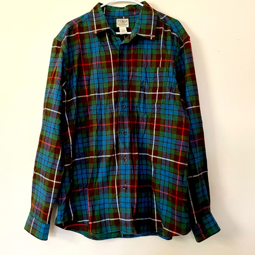 L.L. Bean Men’s Scotch Plaid Flannel Brown Green Blue & Red Size L Traditional